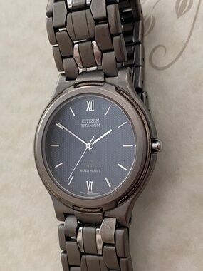 Vintage Y2K Citizen Titanium Quartz Watch w/Dark Blue Textured Dial